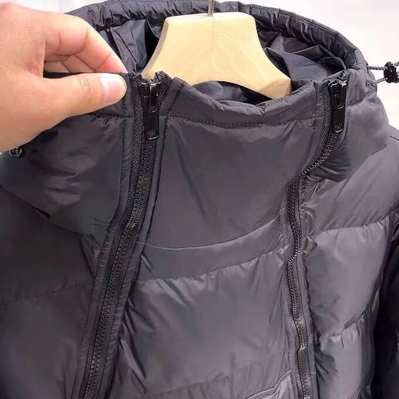 Men's Puffer Jacket with Hood – Shiny Quilted Winter Coat with Double Zipper, Black, M-5XL – Hommes Winter Warmer