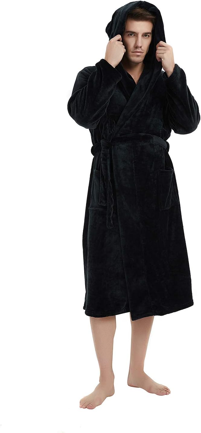 Men's Fleece Robe with Hood – Soft Two-Tone Hooded Bathrobe with Pockets & Belt, Machine Washable, S–3XL – Calico