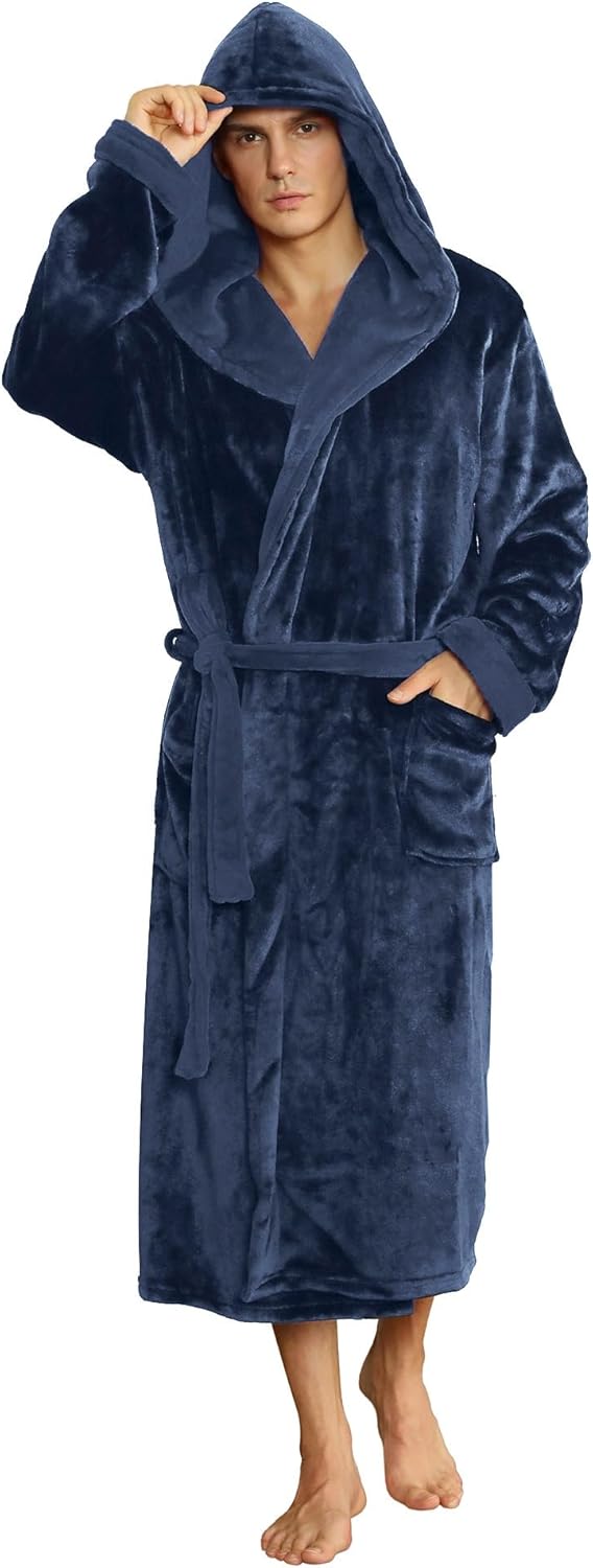 Men's Fleece Robe with Hood – Soft Two-Tone Hooded Bathrobe with Pockets & Belt, Machine Washable, S–3XL – Calico
