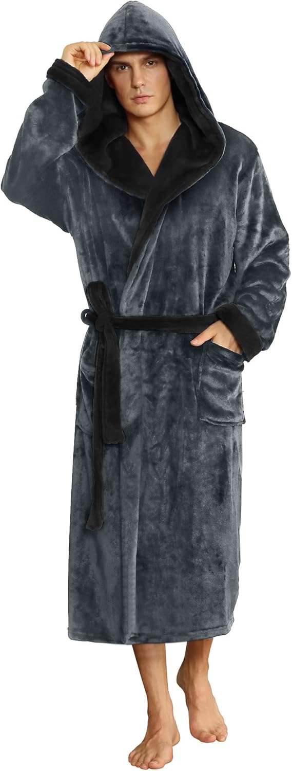 Men's Fleece Robe with Hood – Soft Two-Tone Hooded Bathrobe with Pockets & Belt, Machine Washable, S–3XL – Calico