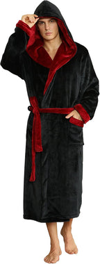 Men's Fleece Robe with Hood – Soft Two-Tone Hooded Bathrobe with Pockets & Belt, Machine Washable, S–3XL – Calico