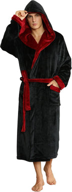 Men's Fleece Robe with Hood – Soft Two-Tone Hooded Bathrobe with Pockets & Belt, Machine Washable, S–3XL – Calico