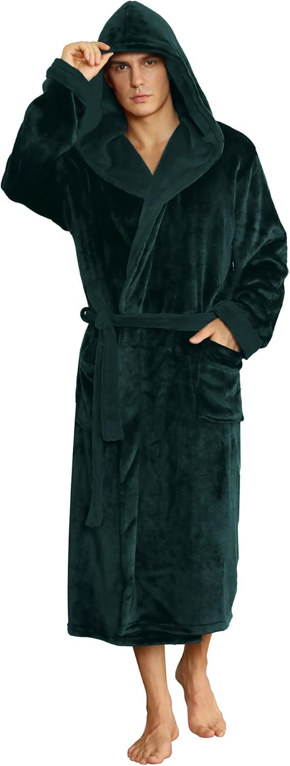 Men's Fleece Robe with Hood – Soft Two-Tone Hooded Bathrobe with Pockets & Belt, Machine Washable, S–3XL – Calico