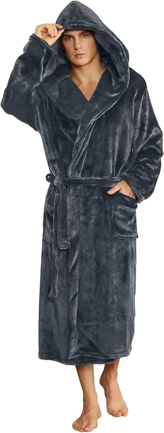 Men's Fleece Robe with Hood – Soft Two-Tone Hooded Bathrobe with Pockets & Belt, Machine Washable, S–3XL – Calico