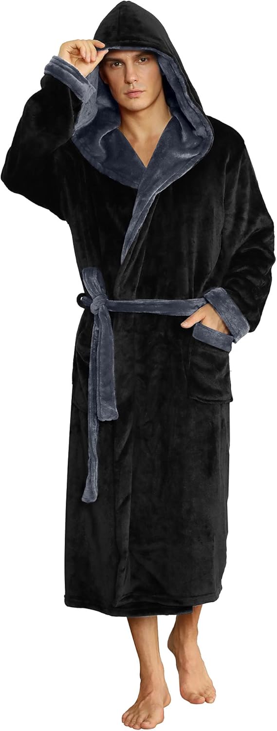 Men's Fleece Robe with Hood – Soft Two-Tone Hooded Bathrobe with Pockets & Belt, Machine Washable, S–3XL – Calico