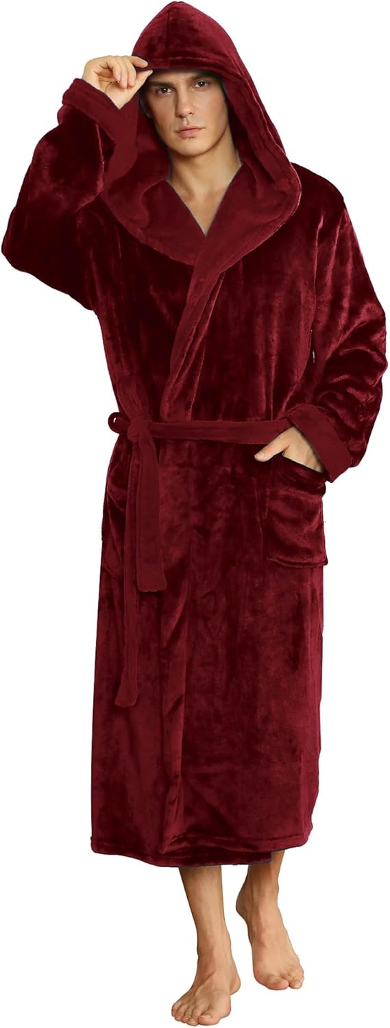 Men's Fleece Robe with Hood – Soft Two-Tone Hooded Bathrobe with Pockets & Belt, Machine Washable, S–3XL – Calico