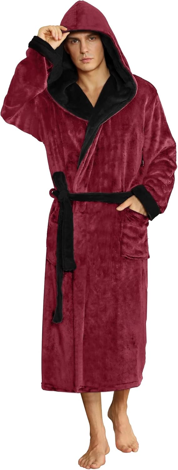 Men's Fleece Robe with Hood – Soft Two-Tone Hooded Bathrobe with Pockets & Belt, Machine Washable, S–3XL – Calico