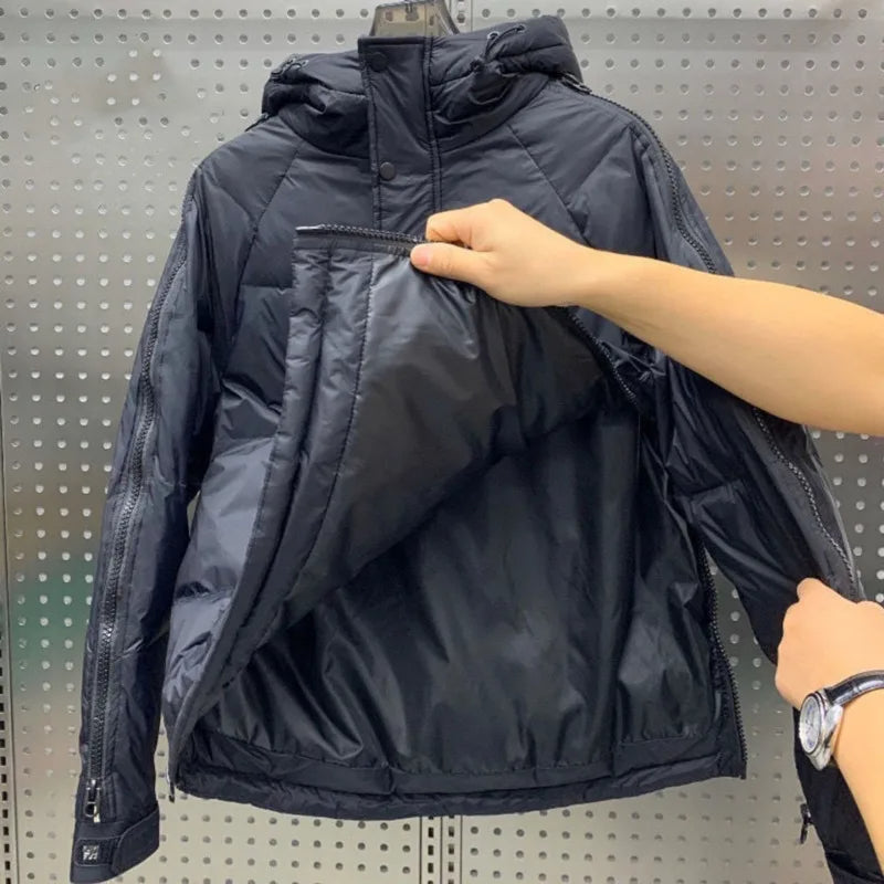 Men's Puffer Jacket with Hood – Shiny Quilted Winter Coat with Double Zipper, Black, M-5XL – Hommes Winter Warmer