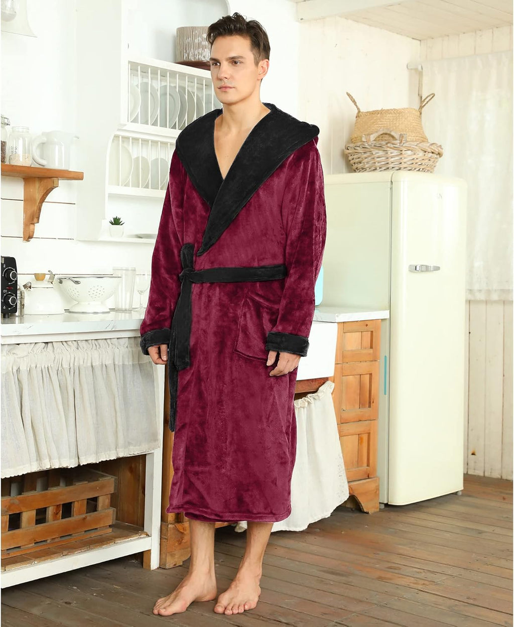 Men's Fleece Robe with Hood – Soft Two-Tone Hooded Bathrobe with Pockets & Belt, Machine Washable, S–3XL – Calico