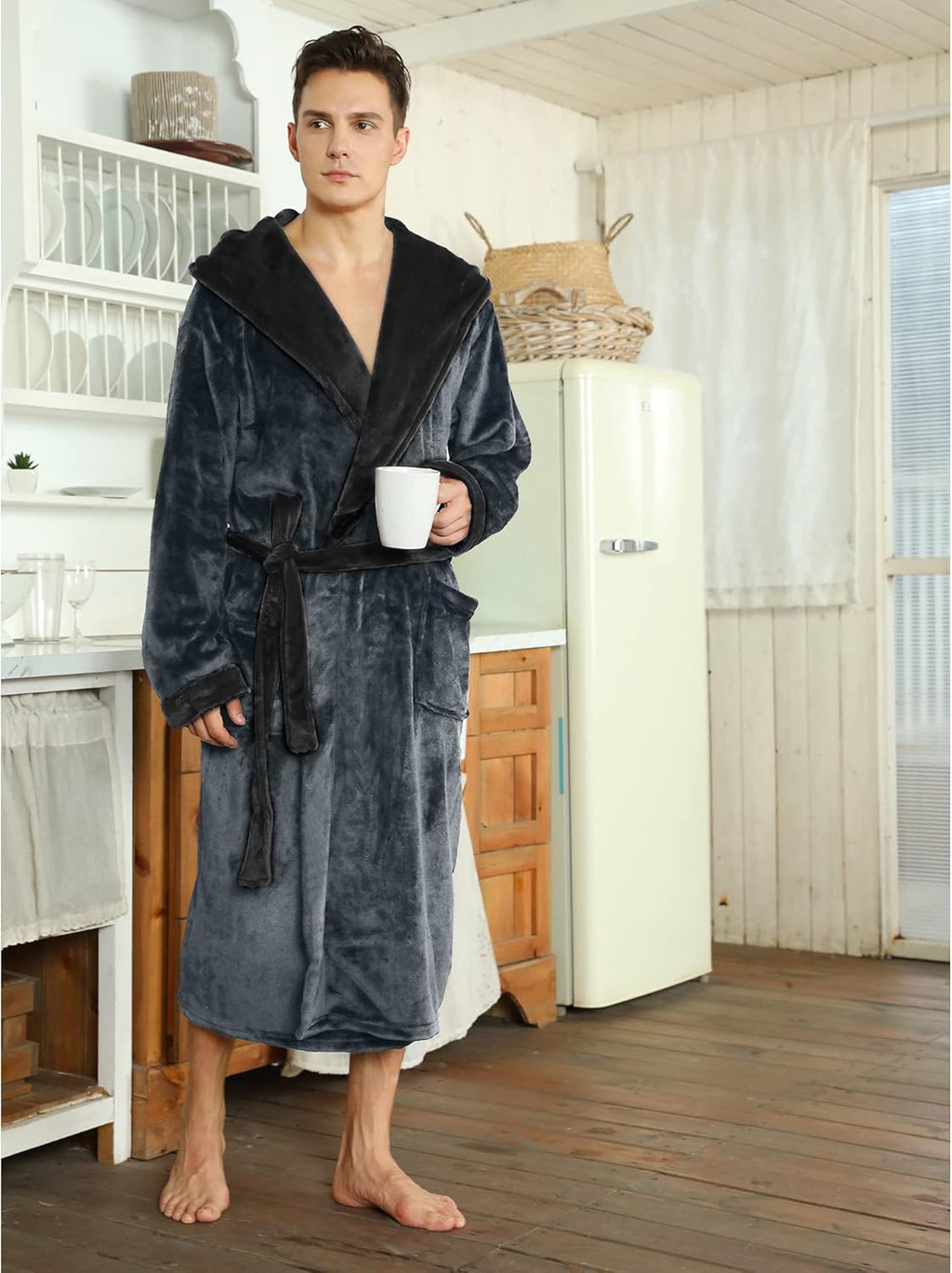 Men's Fleece Robe with Hood – Soft Two-Tone Hooded Bathrobe with Pockets & Belt, Machine Washable, S–3XL – Calico