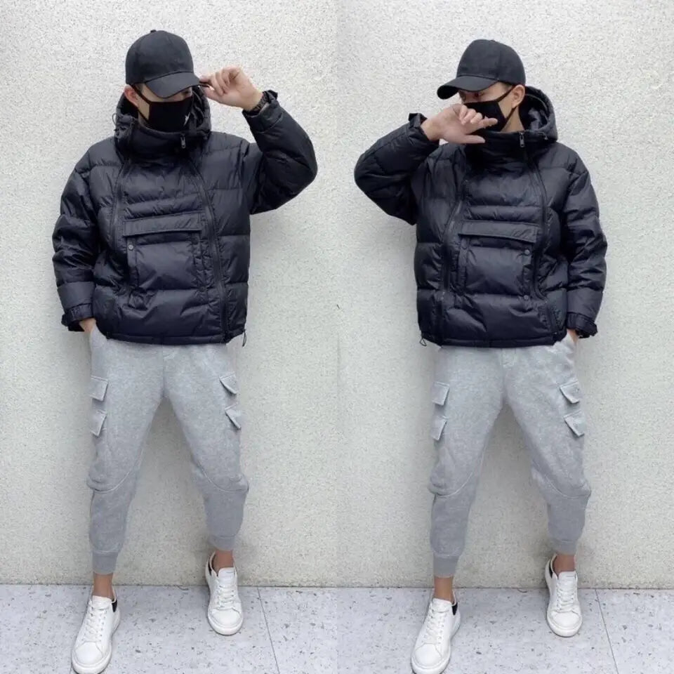 Men's Puffer Jacket with Hood – Shiny Quilted Winter Coat with Double Zipper, Black, M-5XL – Hommes Winter Warmer