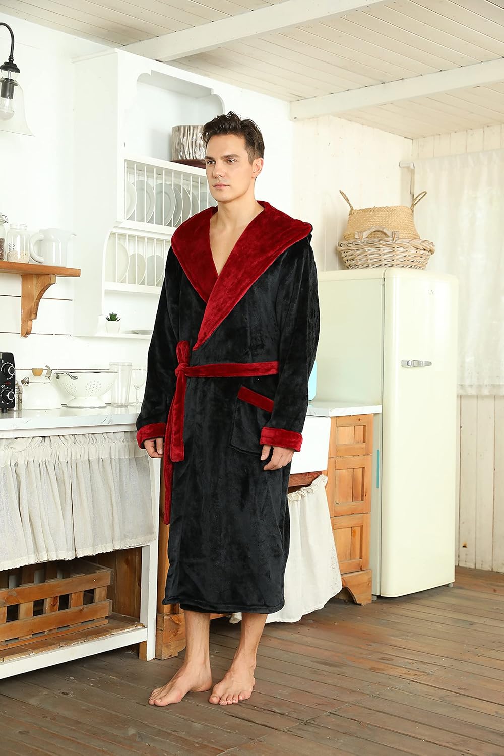 Men's Fleece Robe with Hood – Soft Two-Tone Hooded Bathrobe with Pockets & Belt, Machine Washable, S–3XL – Calico
