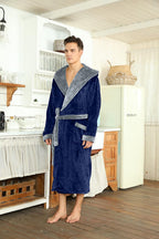 Men's Fleece Robe with Hood – Soft Two-Tone Hooded Bathrobe with Pockets & Belt, Machine Washable, S–3XL – Calico