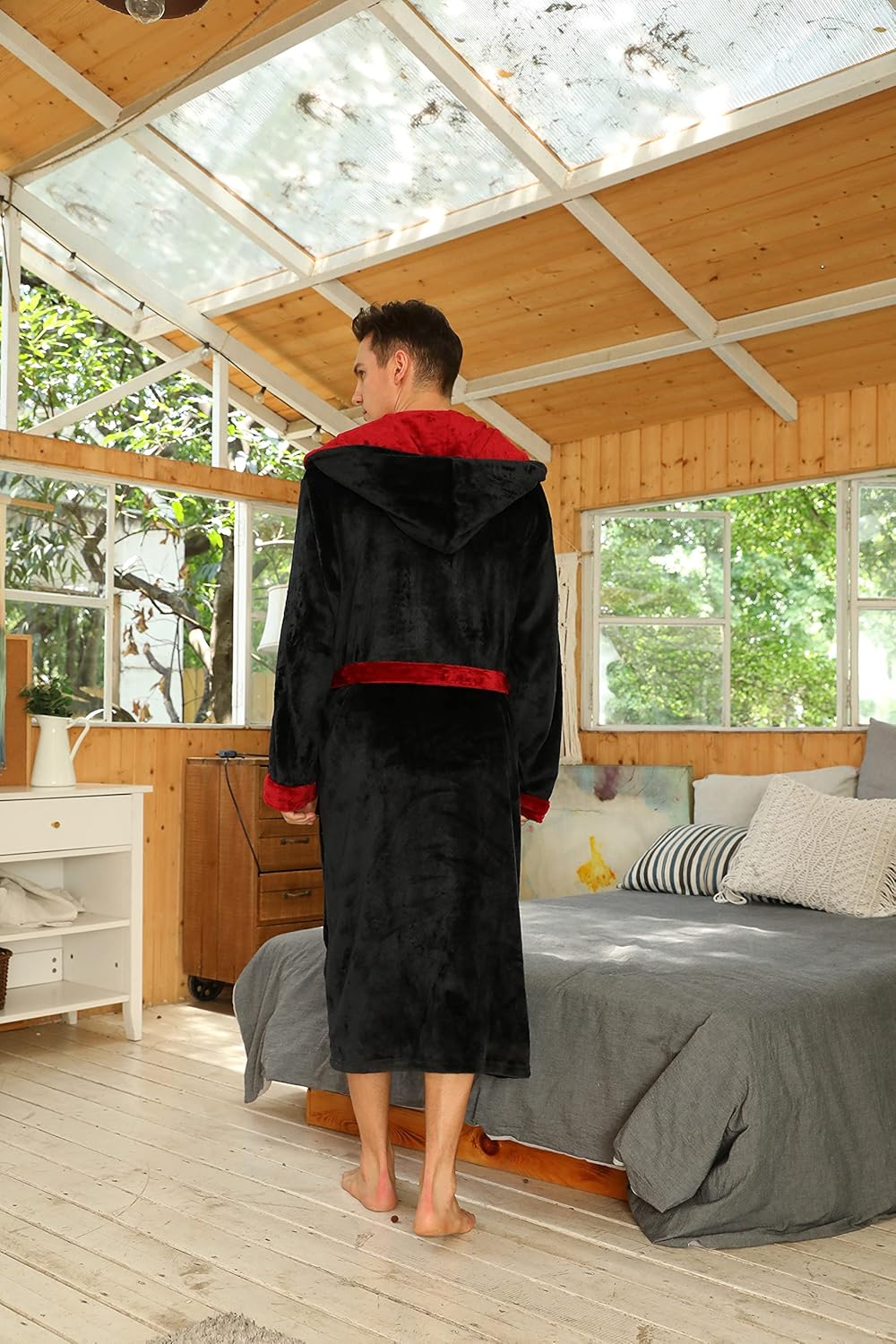 Men's Fleece Robe with Hood – Soft Two-Tone Hooded Bathrobe with Pockets & Belt, Machine Washable, S–3XL – Calico