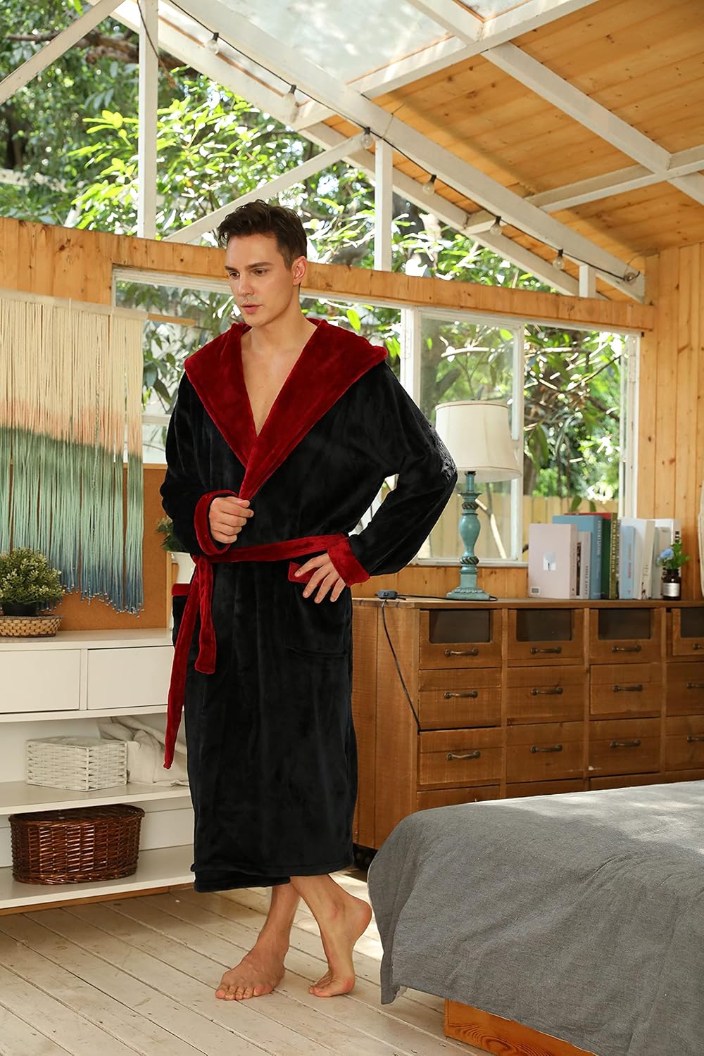 Men's Fleece Robe with Hood – Soft Two-Tone Hooded Bathrobe with Pockets & Belt, Machine Washable, S–3XL – Calico