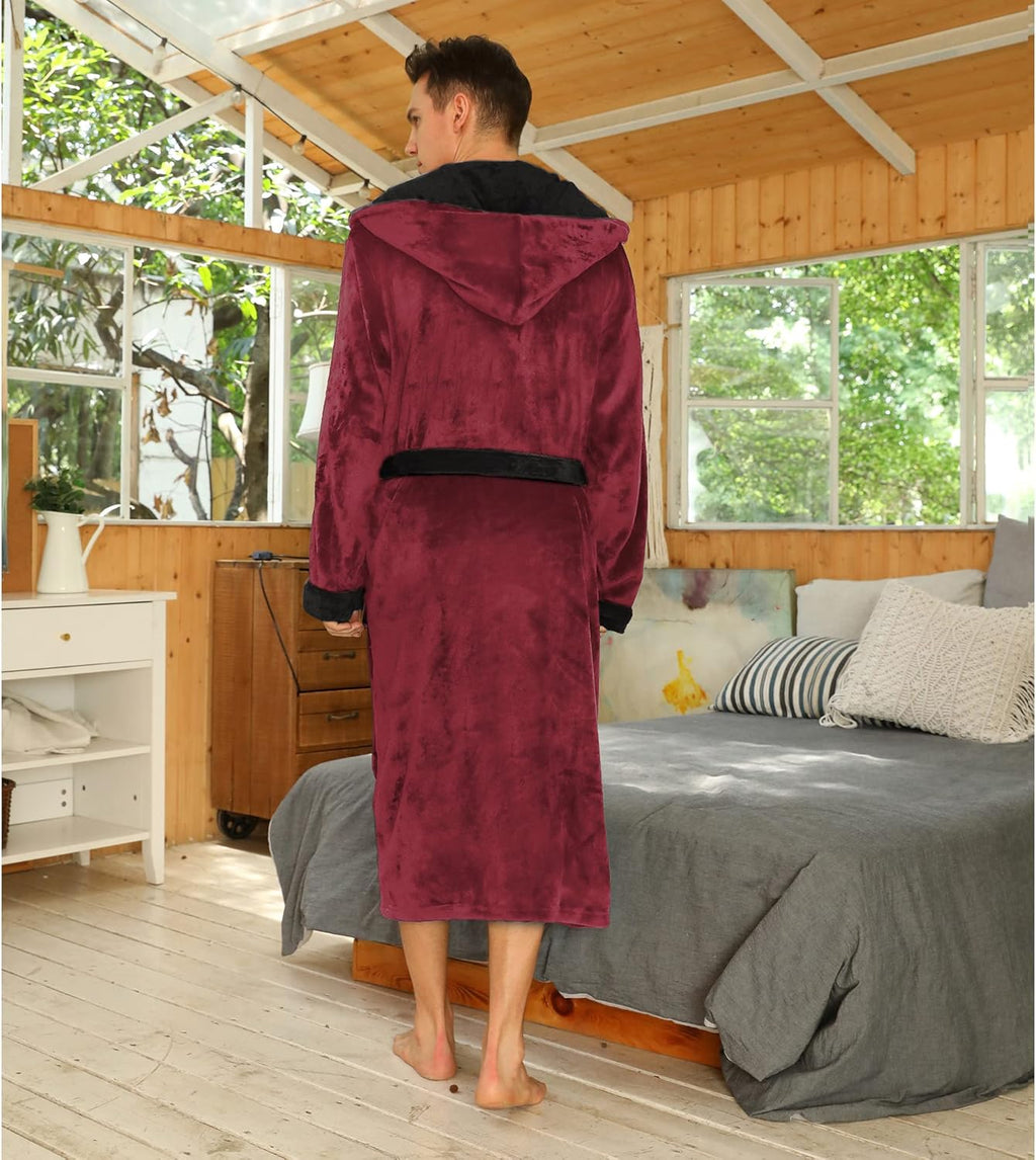 Men's Fleece Robe with Hood – Soft Two-Tone Hooded Bathrobe with Pockets & Belt, Machine Washable, S–3XL – Calico