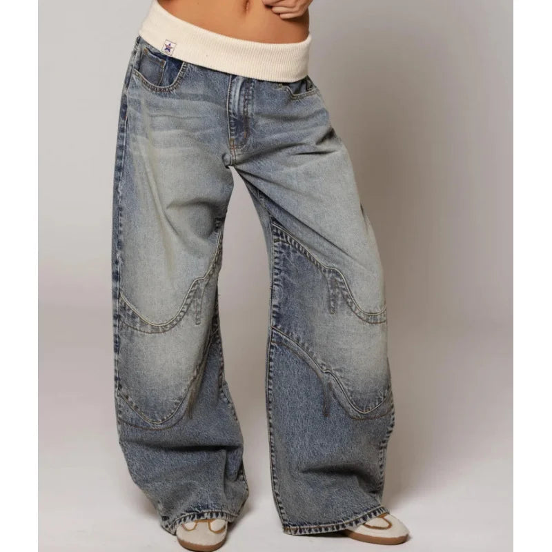 Women's Baggy Jeans with Statement Seams – Wide Leg Jeans with Ribbed Comfort Waistband, Light Blue, S–2XL – Sephira