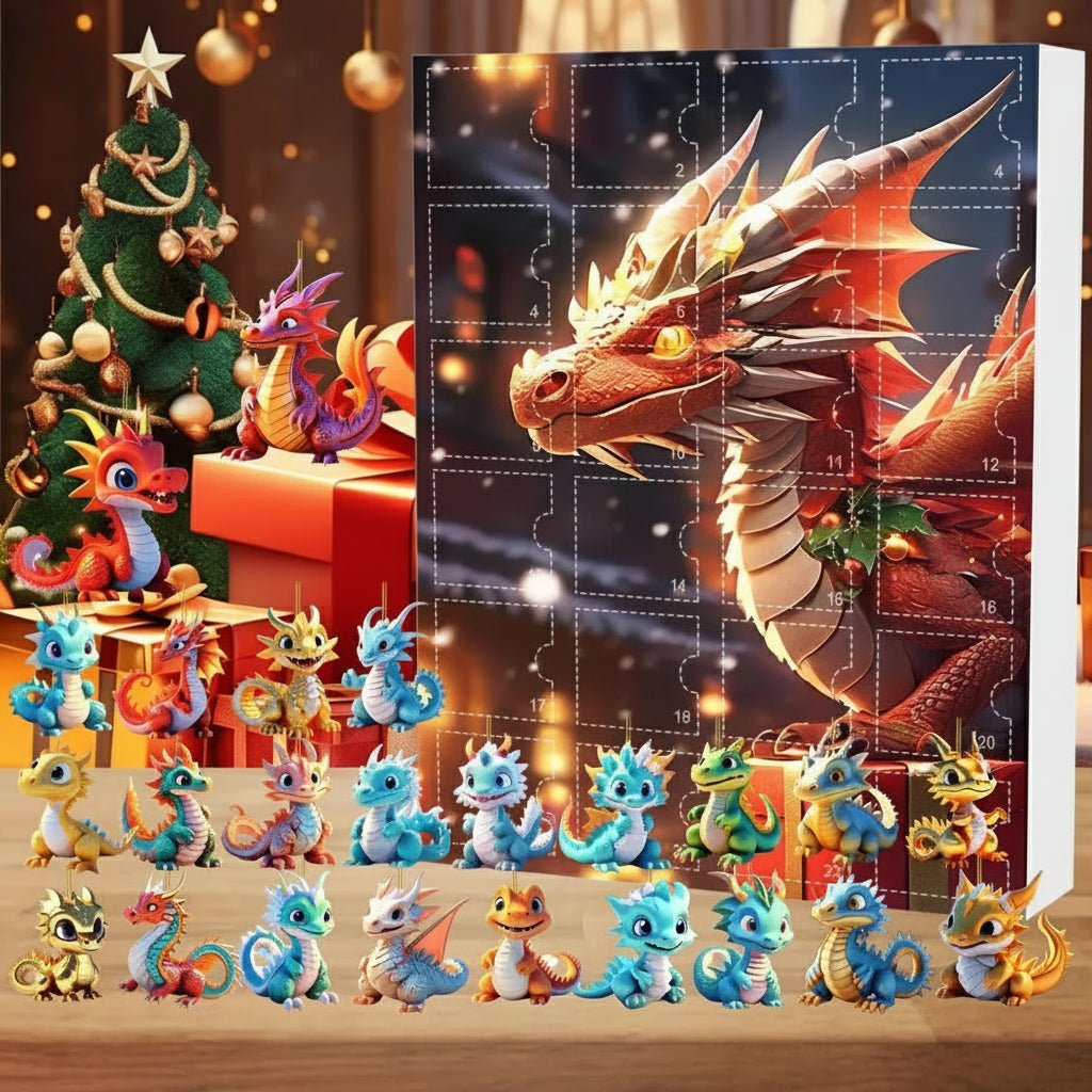 Dragon Advent Calendar – 24 Cute Cartoon Dragon Keychain Pendants, Christmas Countdown for Kids 6+ & Collectors