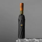 Automatic Folding Umbrella with Wooden Handle – Windproof Large Canopy Rain Umbrella, Black, Navy or Red