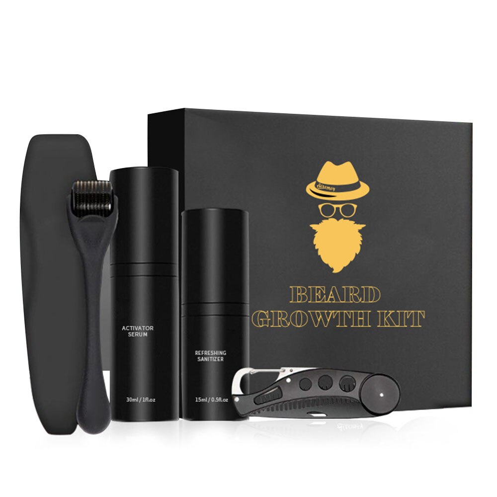 Beard Care Kit with 540 Derma Roller, Natural Beard Serum, Cleaning Spray & Comb – Men's Grooming Set