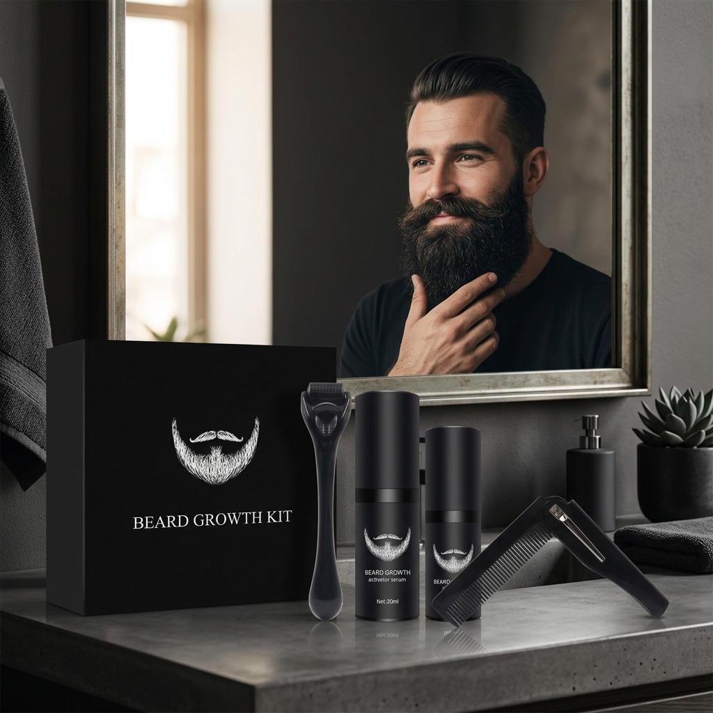Beard Care Kit with 540 Derma Roller, Natural Beard Serum, Cleaning Spray & Comb – Men's Grooming Set