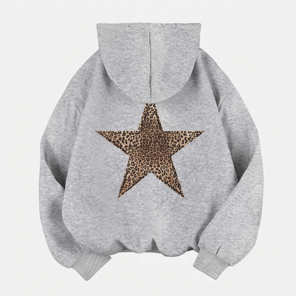 Women's Hoodie with Leopard Star Back Print – Casual Graphic Hooded Sweatshirt, Blue or Silver, S–XL – Flōre