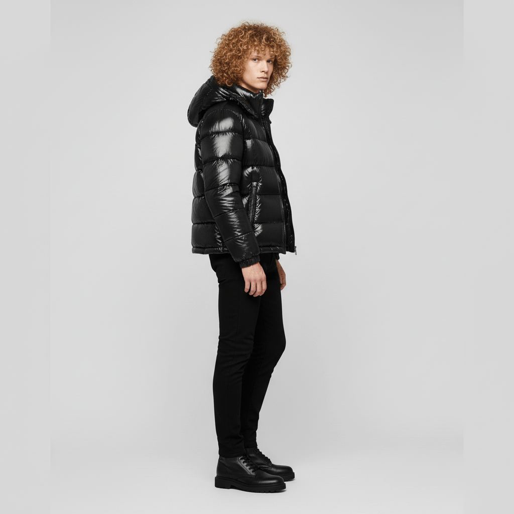 Men's Quilted Jacket with Hood – Shiny Winter Coat with Elastic Cuffs & Slant Pockets, Black or Red, S-6XL – Calico