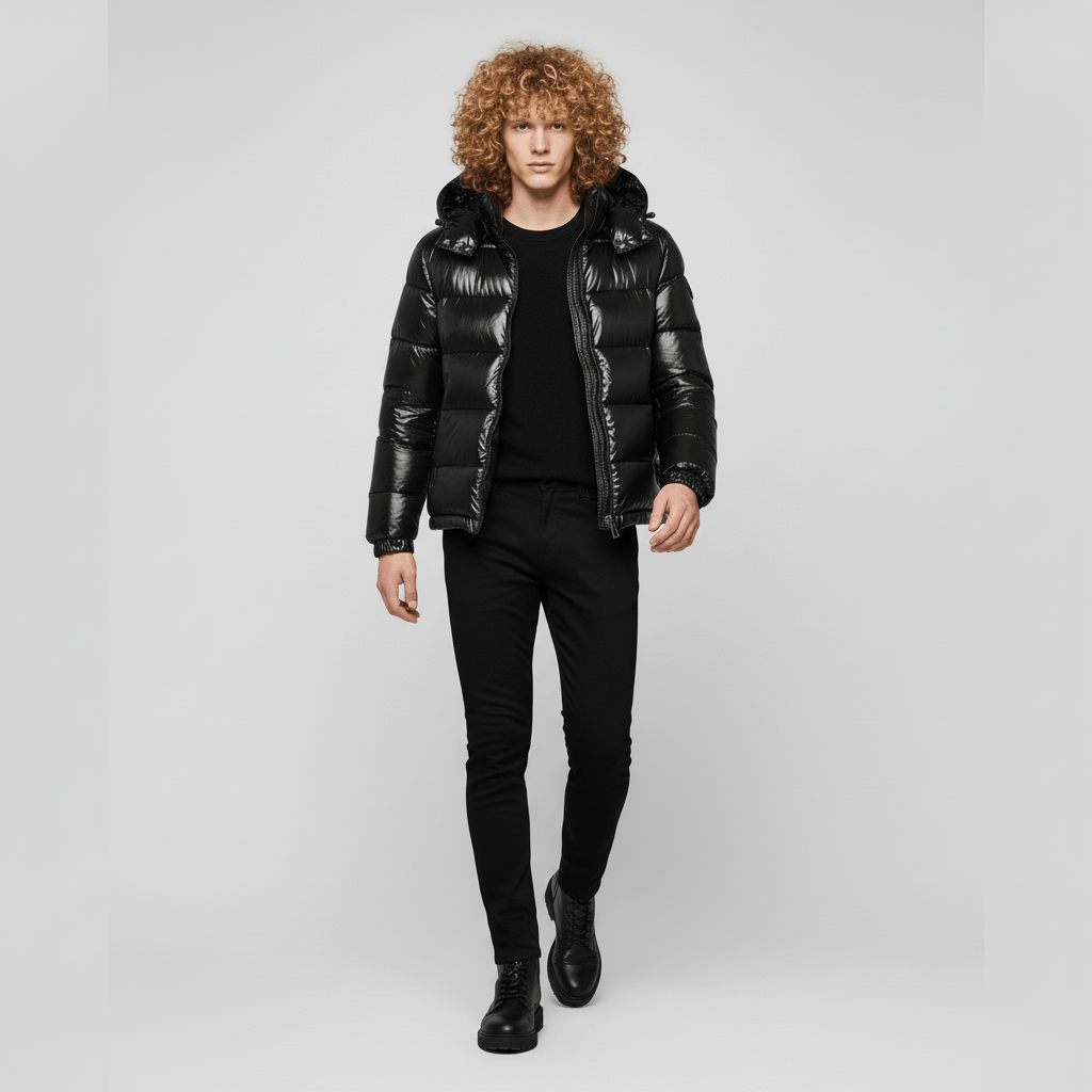 Men's Quilted Jacket with Hood – Shiny Winter Coat with Elastic Cuffs & Slant Pockets, Black or Red, S-6XL – Calico