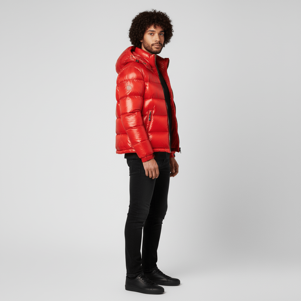 Men's Quilted Jacket with Hood – Shiny Winter Coat with Elastic Cuffs & Slant Pockets, Black or Red, S-6XL – Calico