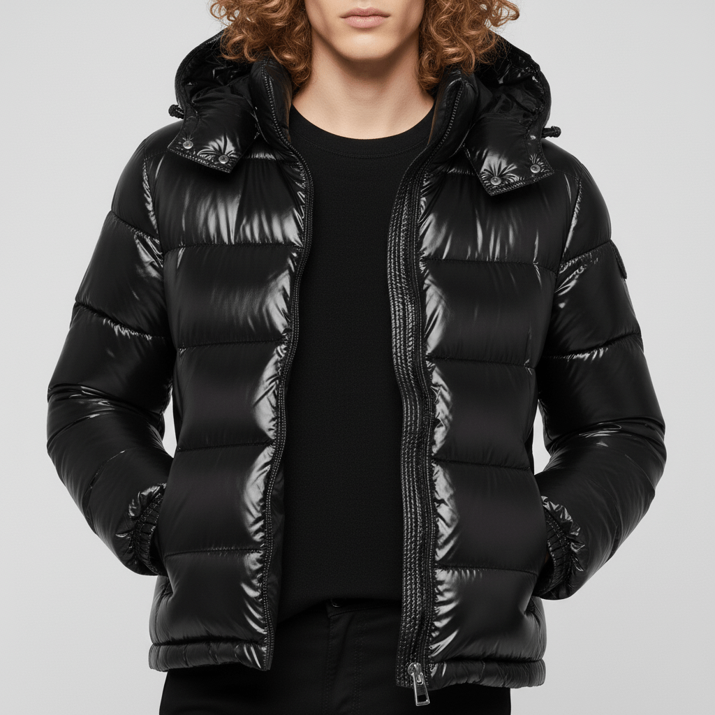 Men's Quilted Jacket with Hood – Shiny Winter Coat with Elastic Cuffs & Slant Pockets, Black or Red, S-6XL – Calico