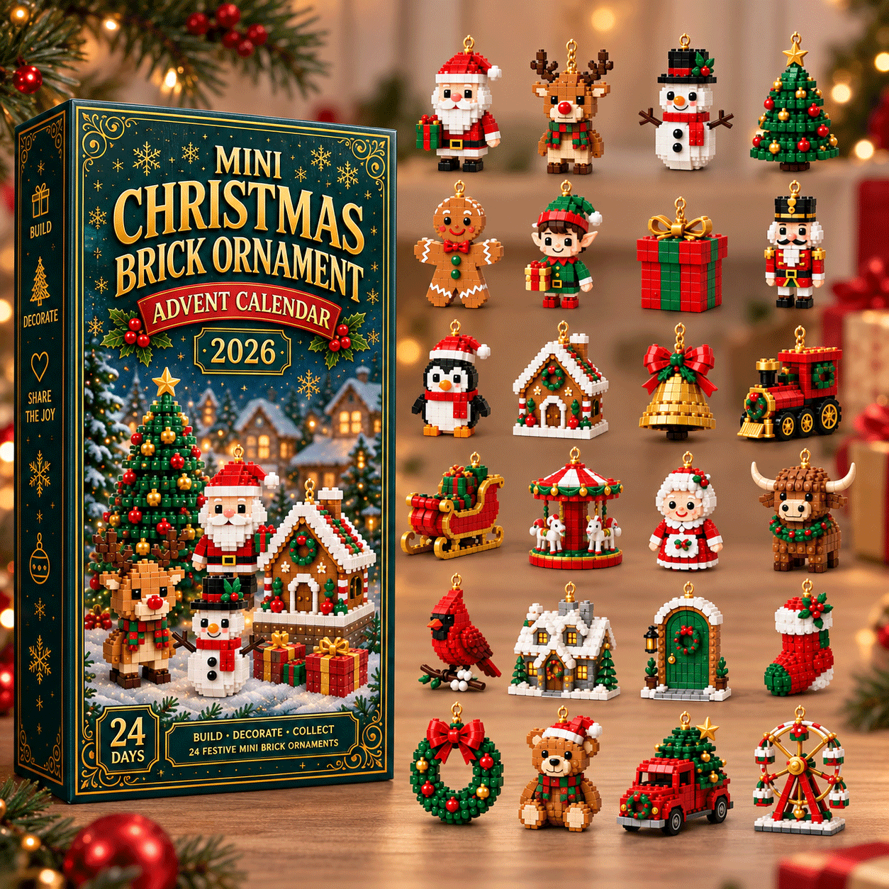 Building Blocks Advent Calendar 2026 – 24 Mini Christmas Building Sets to Build & Hang as Ornaments, for Kids & Adults