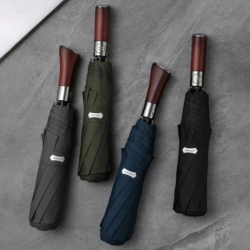 Large Automatic Umbrella with Wooden Handle – 48 in Windproof Golf-Size Umbrella with Fiberglass Frame, 4 Colors