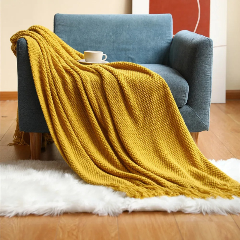 Knit Throw Blanket with Tassels – Soft Acrylic Merino-Look Throw for Couch & Bed, 9 Colors, 50 x 68 or 51 x 87 in