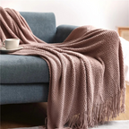 Knit Throw Blanket with Tassels – Soft Acrylic Merino-Look Throw for Couch & Bed, 9 Colors, 50 x 68 or 51 x 87 in