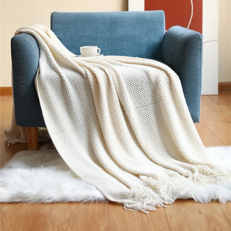 Knit Throw Blanket with Tassels – Soft Acrylic Merino-Look Throw for Couch & Bed, 9 Colors, 50 x 68 or 51 x 87 in