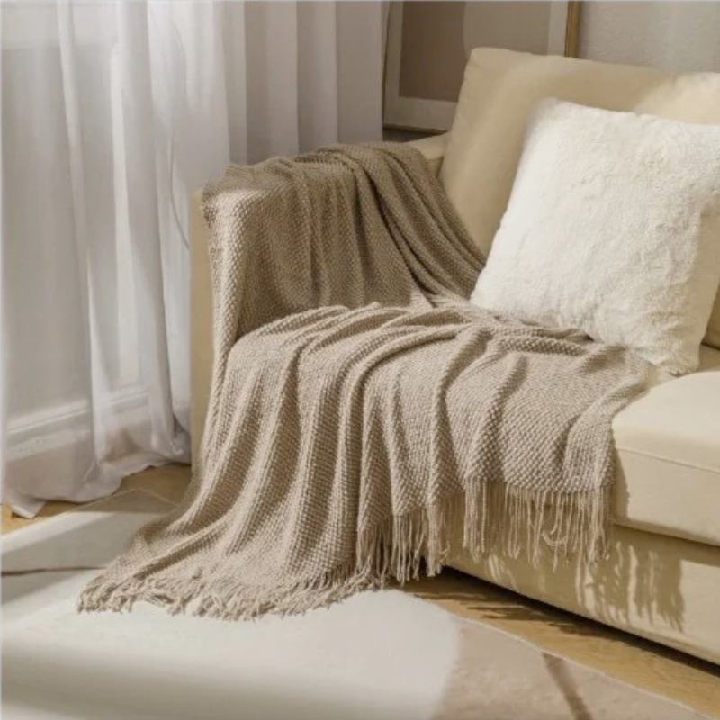 Knit Throw Blanket with Tassels – Soft Acrylic Merino-Look Throw for Couch & Bed, 9 Colors, 50 x 68 or 51 x 87 in
