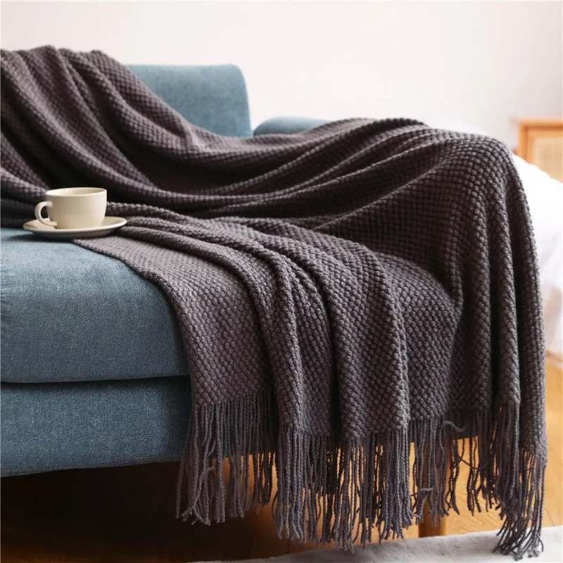Knit Throw Blanket with Tassels – Soft Acrylic Merino-Look Throw for Couch & Bed, 9 Colors, 50 x 68 or 51 x 87 in