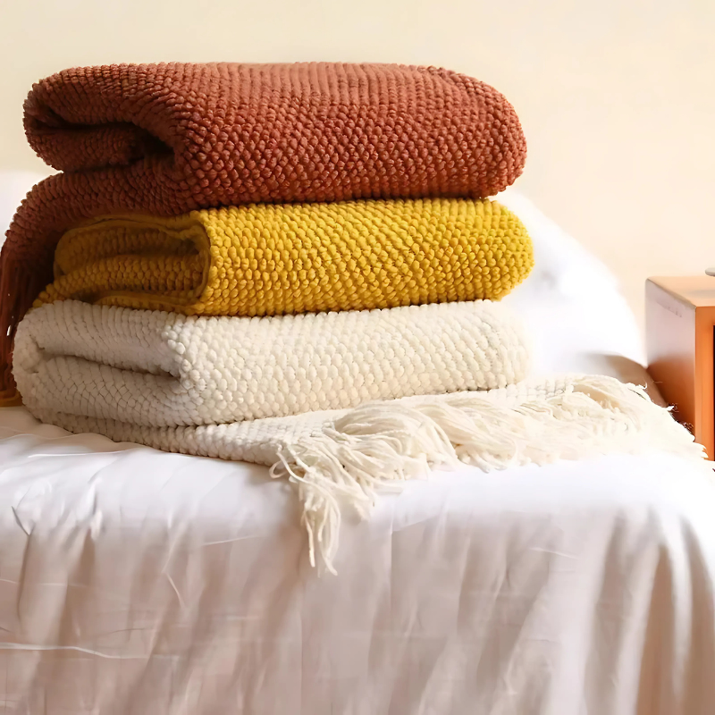 Knit Throw Blanket with Tassels – Soft Acrylic Merino-Look Throw for Couch & Bed, 9 Colors, 50 x 68 or 51 x 87 in