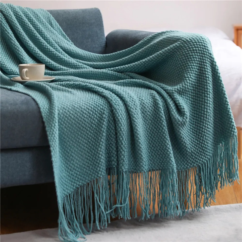 Knit Throw Blanket with Tassels – Soft Acrylic Merino-Look Throw for Couch & Bed, 9 Colors, 50 x 68 or 51 x 87 in
