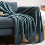 Knit Throw Blanket with Tassels – Soft Acrylic Merino-Look Throw for Couch & Bed, 9 Colors, 50 x 68 or 51 x 87 in