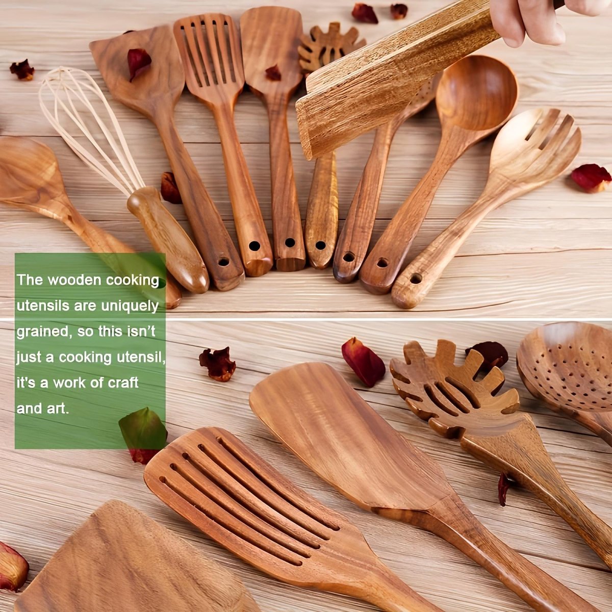 11-Piece Teak Wood Kitchen Utensil Set with Holder – Wooden Cooking Utensils for Nonstick Cookware, Natural Look - Nalani - Fashion Clothing and Decor