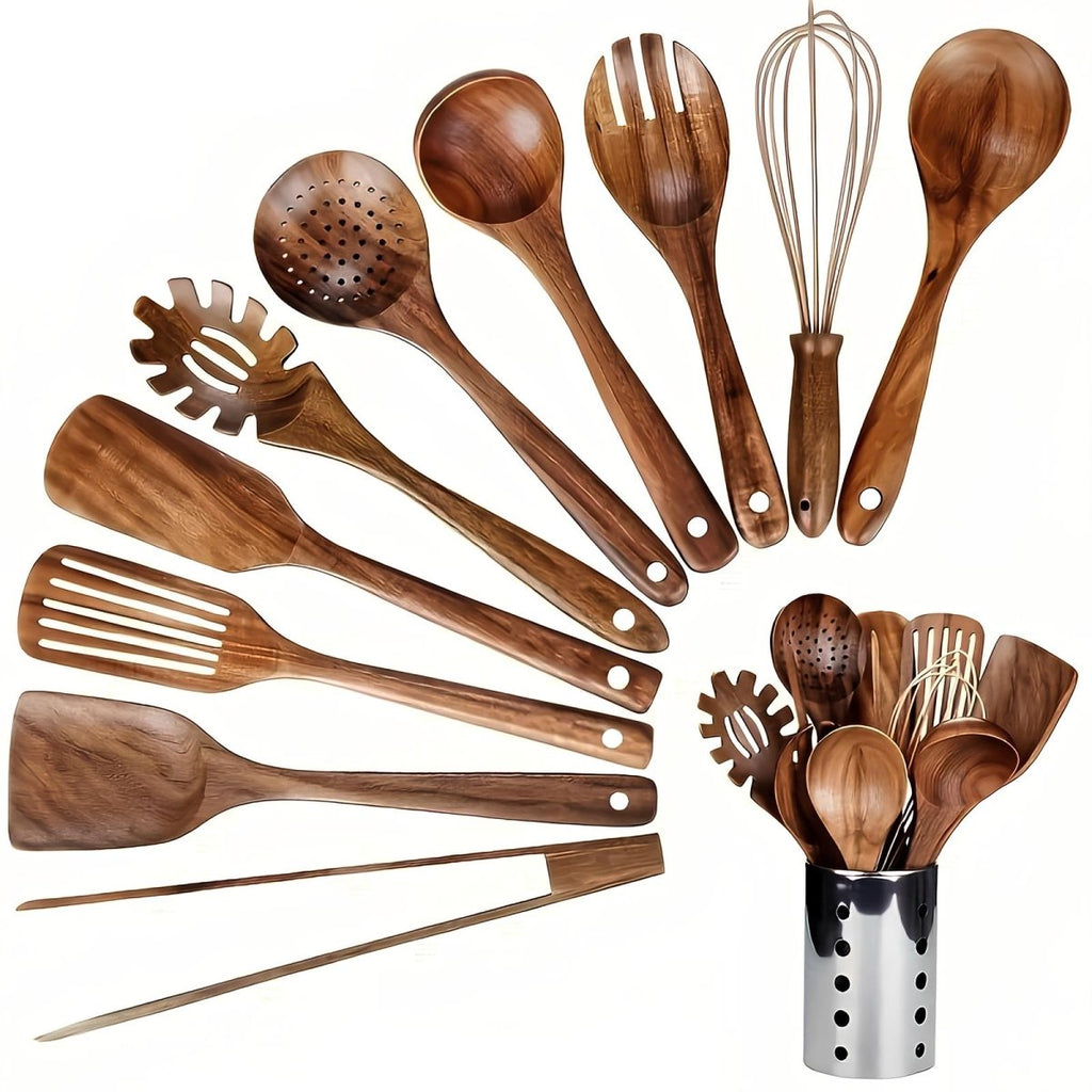 11-Piece Teak Wood Kitchen Utensil Set with Holder – Wooden Cooking Utensils for Nonstick Cookware, Natural Look - Nalani - Fashion Clothing and Decor