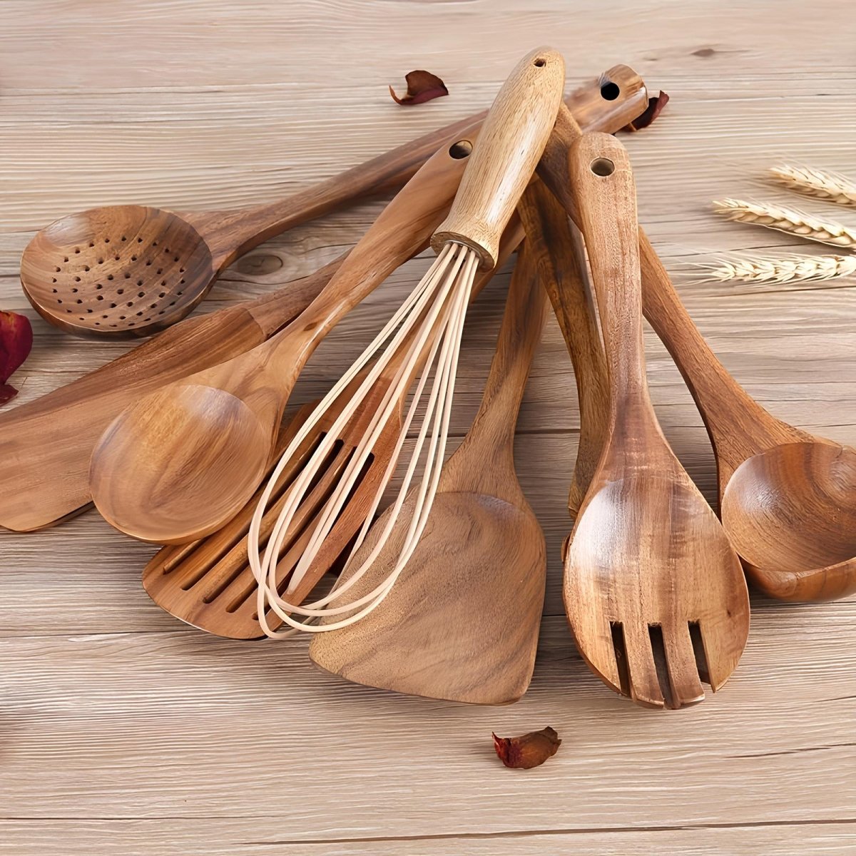 11-Piece Teak Wood Kitchen Utensil Set with Holder – Wooden Cooking Utensils for Nonstick Cookware, Natural Look - Nalani - Fashion Clothing and Decor