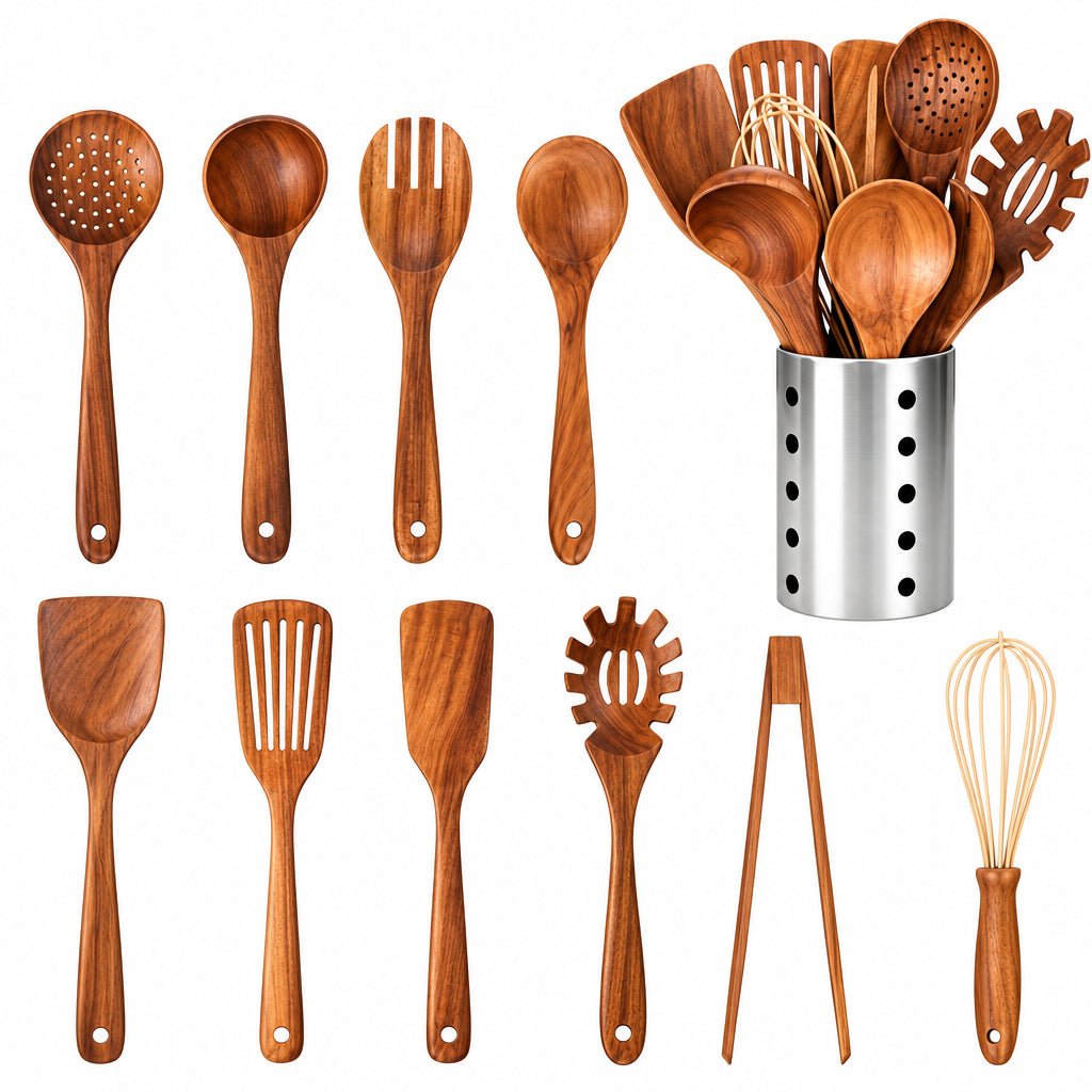 11-Piece Teak Wood Kitchen Utensil Set with Holder – Wooden Cooking Utensils for Nonstick Cookware, Natural Look - Nalani - Fashion Clothing and Decor