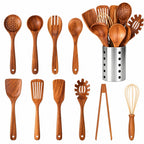 11-Piece Teak Wood Kitchen Utensil Set with Holder – Wooden Cooking Utensils for Nonstick Cookware, Natural Look - Nalani - Fashion Clothing and Decor