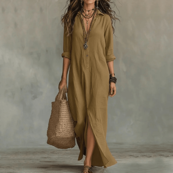 Agnes Linen Long Shirt Dress Relaxed Fit With Three-Quarter Sleeves - Nalani - Fashion Clothing and Decor