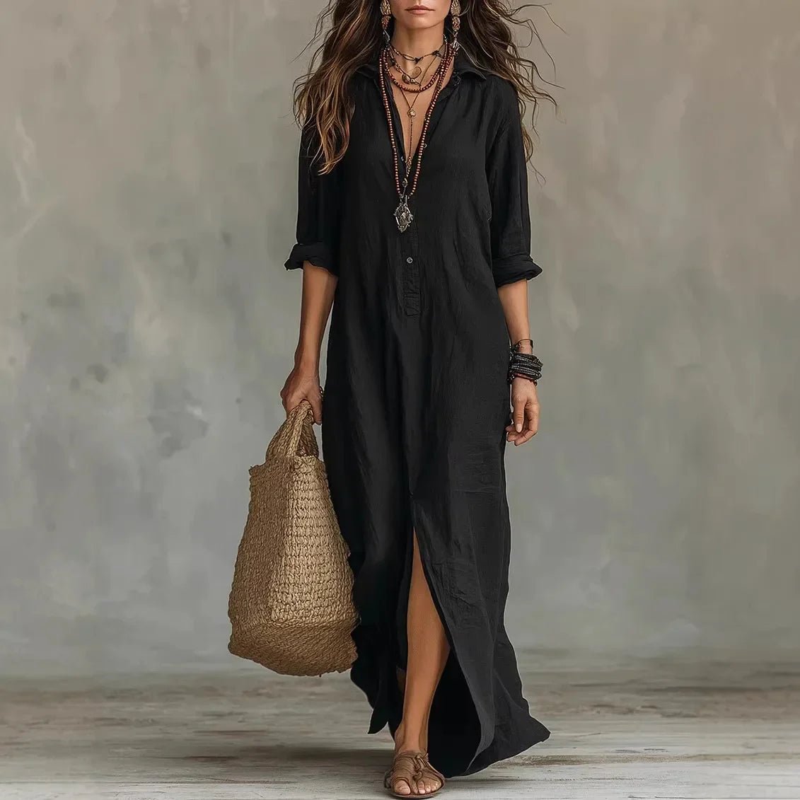 Agnes Linen Long Shirt Dress Relaxed Fit With Three-Quarter Sleeves - Nalani - Fashion Clothing and Decor