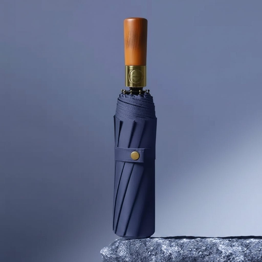 Automatic Folding Umbrella with Wooden Handle – Windproof Large Canopy Rain Umbrella, Black, Navy or Red - Nalani - Fashion Clothing and Decor