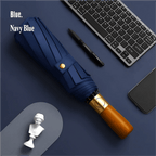 Automatic Folding Umbrella with Wooden Handle – Windproof Large Canopy Rain Umbrella, Black, Navy or Red - Nalani - Fashion Clothing and Decor