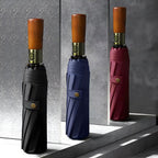 Automatic Folding Umbrella with Wooden Handle – Windproof Large Canopy Rain Umbrella, Black, Navy or Red - Nalani - Fashion Clothing and Decor